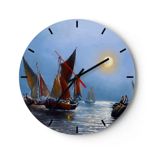 Orologio da parete - Orologio in Vetro - Barche a vela sull'acqua al chiaro di luna - 30x30cm - Pesca notturna - Decorazione murale moderna per soggiorno, cucina e camera da letto ARTTOR