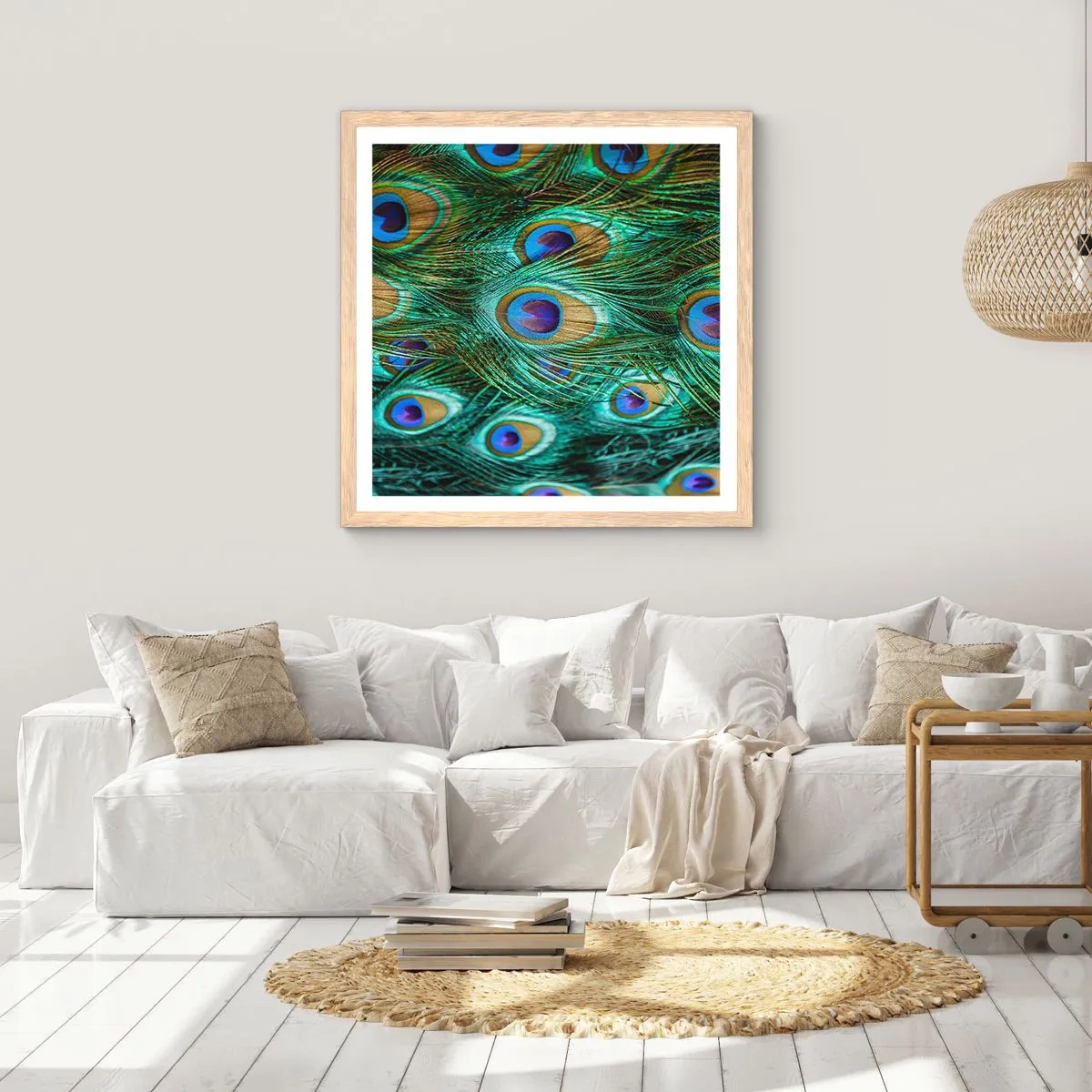 Poster in cornice rovere chiaro - Lo sguardo del pavone - 50x50 cm