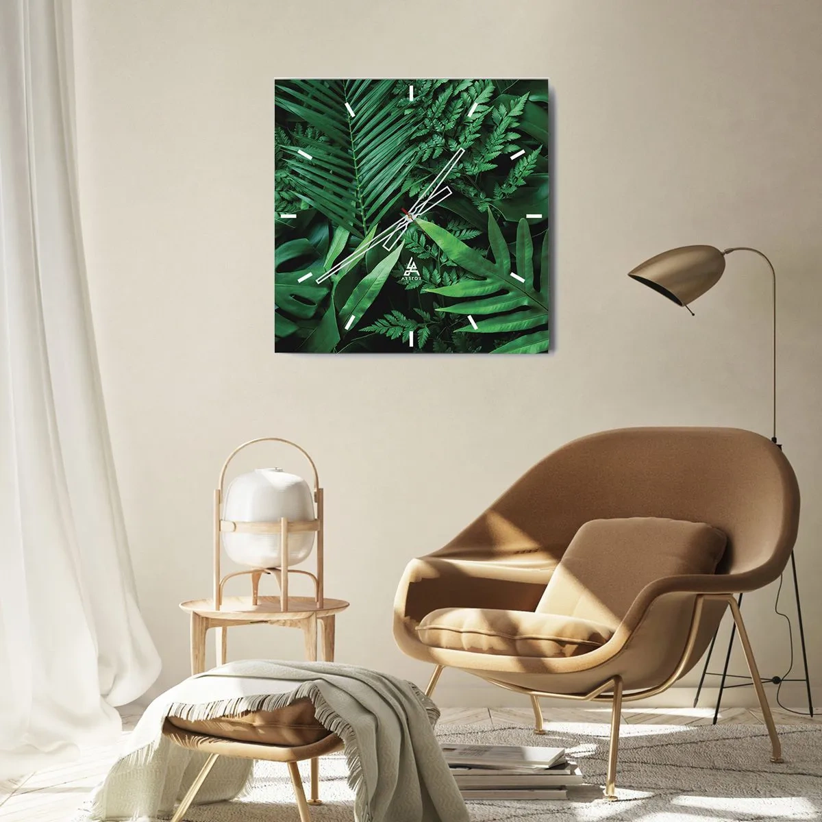 Orologio da parete - Orologio in Vetro - Foglie tropicali verdi in una composizione densa e naturale - 30x30cm - Avvolti nel verde - Decorazione murale moderna per soggiorno e camera da letto ARTTOR