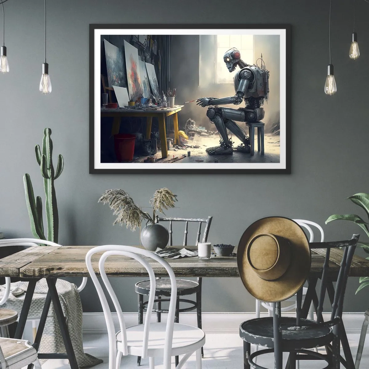 Poster in cornice nera - Un robot che dipinge un quadro in uno studio d'arte - 70x50cm - Atto creativo - Decorazione murale moderna per soggiorno e camera da letto ARTTOR