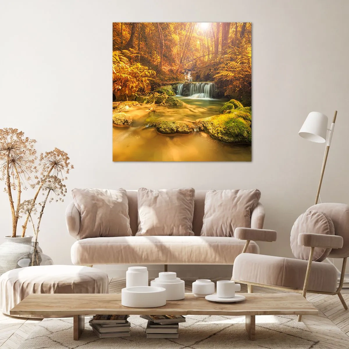 Quadro su tela - Stampe su Tela - Cascata boschiva in oro - 60x60 cm