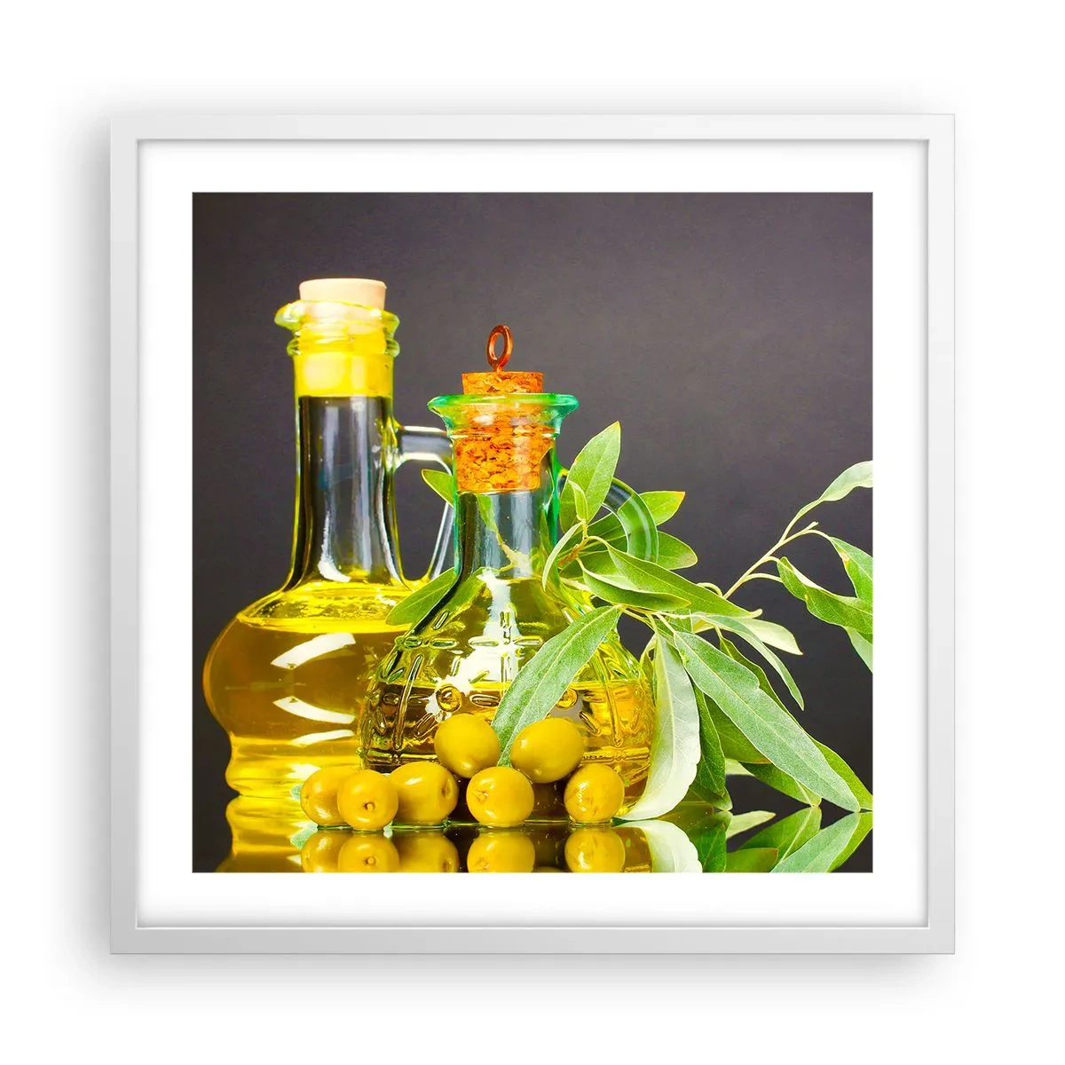 Poster in cornice bianca - Natura morta con olive e olio - 50x50 cm