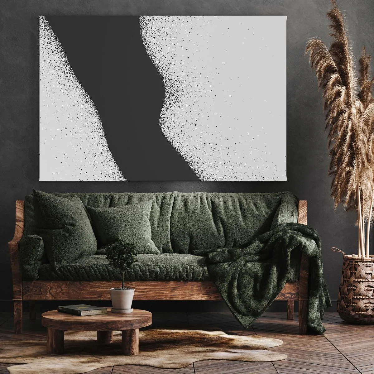 Quadro su tela - Stampe su Tela - Motivo astratto in bianco e nero con delicati punti su tela - 70x50cm - Equilibrio fluido - Decorazione murale moderna per soggiorno e camera da letto ARTTOR