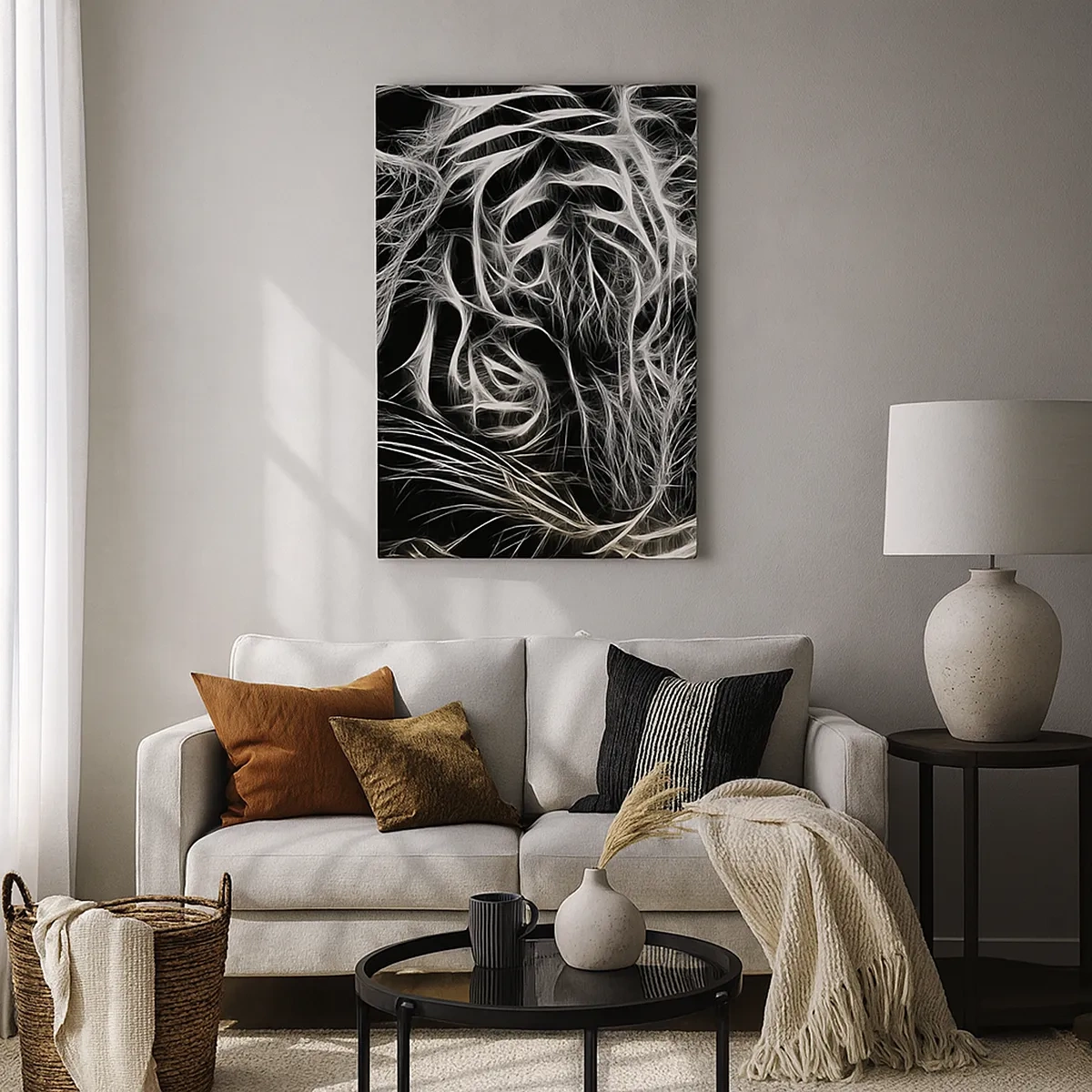 Quadro su tela - Stampe su Tela - Un motivo astratto che raffigura la sagoma di un gatto su uno sfondo nero. - 50x70cm - Studio di leggerezza felina - Decorazione murale moderna per soggiorno e camera da letto ARTTOR