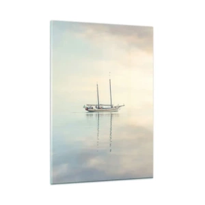Quadro su vetro - Una barca a vela alla deriva su un mare calmo all'alba - 50x70cm - Silenzio in mare - Decorazione murale moderna per soggiorno e camera da letto ARTTOR