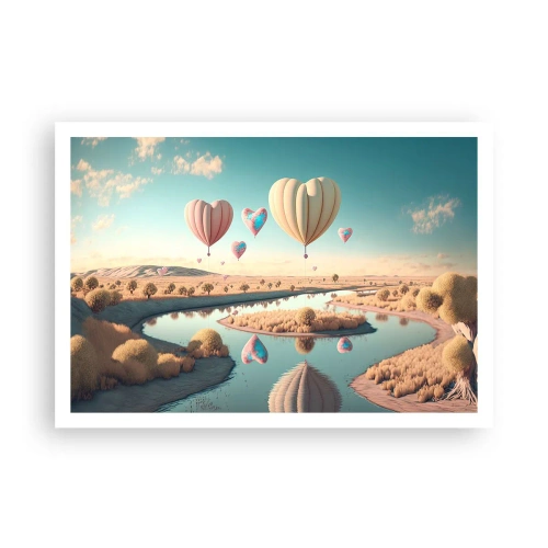 Poster - Palloncini a forma di cuore che fluttuano sopra il paesaggio - 100x70cm - L'amore permette di volare - Decorazione murale moderna per soggiorno e camera da letto ARTTOR