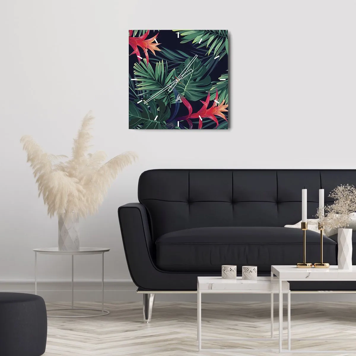 Orologio da parete - Orologio in Vetro - Foglie e fiori tropicali su sfondo scuro - 30x30cm - Fiammante nel verde - Decorazione murale moderna per soggiorno e camera da letto ARTTOR