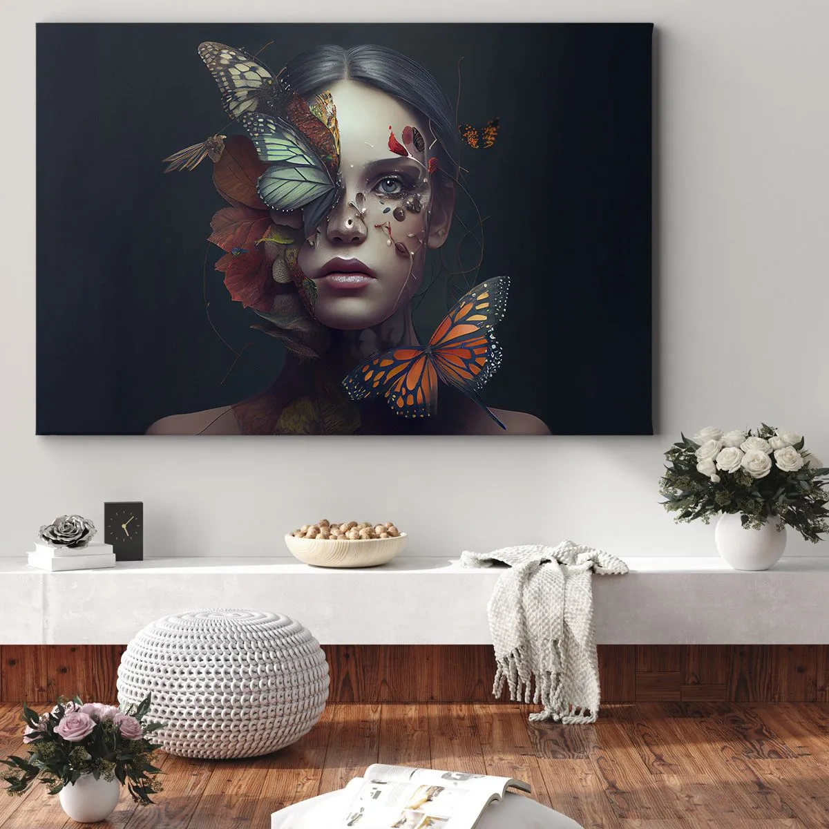 Quadro su tela - Stampe su Tela - Ritratto di donna con farfalle ed elementi vegetali - 100x70cm - Metamorfosi fantastica - Decorazione murale moderna per soggiorno e camera da letto ARTTOR