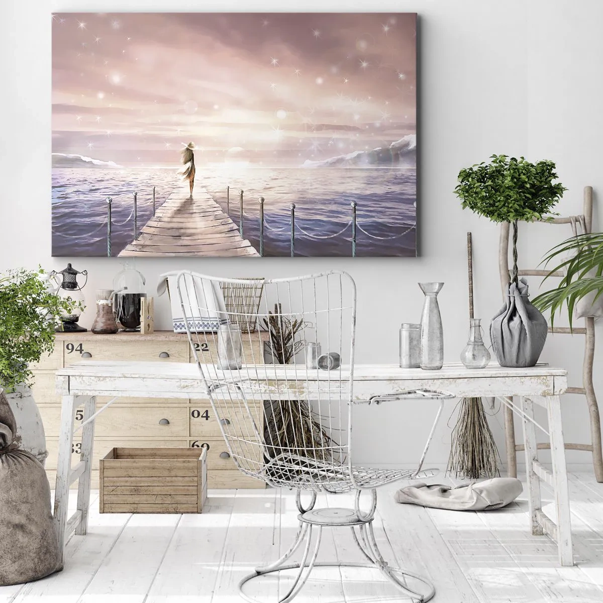 Quadro su tela - Stampe su Tela - Una donna su un molo in una magica cornice al tramonto - 120x80cm - Alla luce del sogno - Decorazione murale moderna per soggiorno e camera da letto ARTTOR