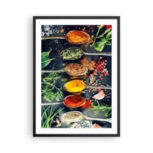 Poster in cornice nera - Spezie ed erbe aromatiche colorate su cucchiai di metallo - 50x70cm - Magie gastronomiche - Decorazione murale moderna per soggiorno e camera da letto ARTTOR