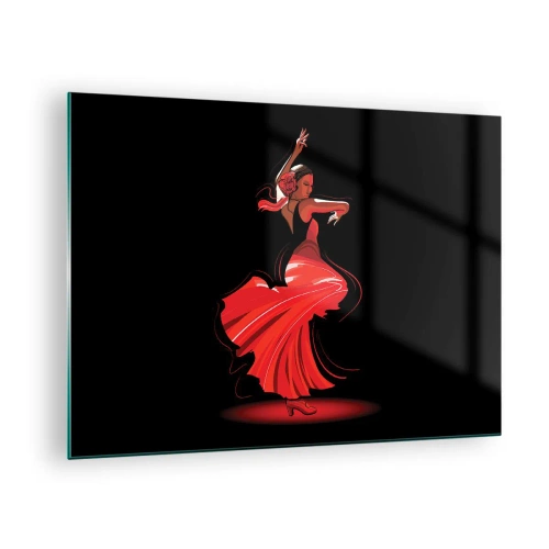 Quadro su vetro - Ballerina di flamenco in abito rosso su sfondo nero - 70x50cm - Lo spirito focoso del flamenco - Decorazione murale moderna per soggiorno e camera da letto ARTTOR