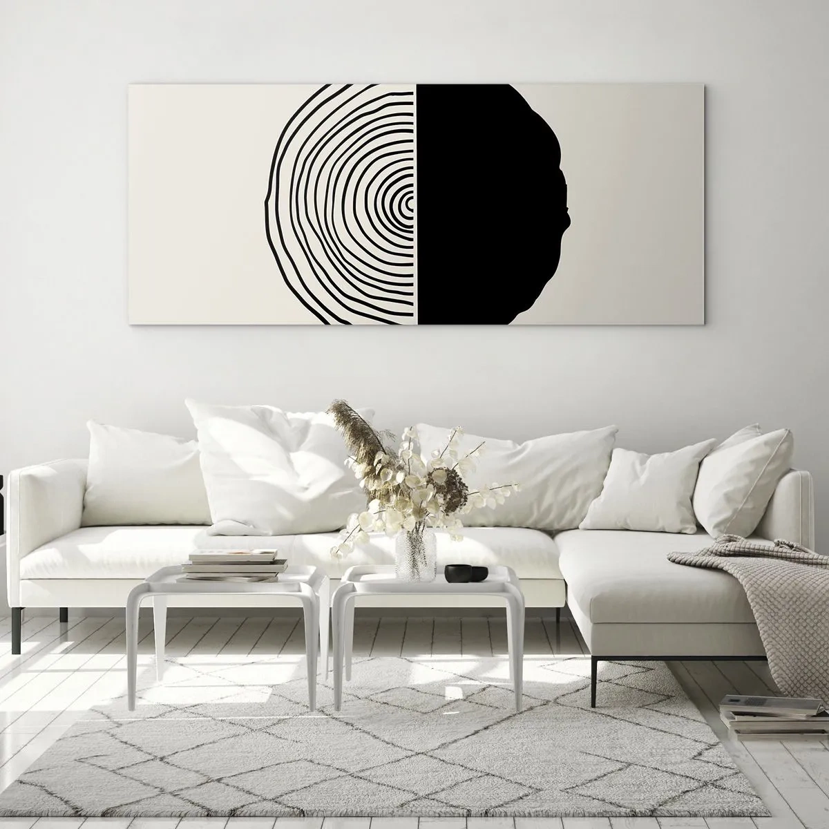 Quadro su vetro - Un motivo astratto in bianco e nero ispirato a una sezione trasversale di legno con una divisione geometrica. - 160x50cm - A metà - Decorazione murale moderna per soggiorno e camera da letto ARTTOR