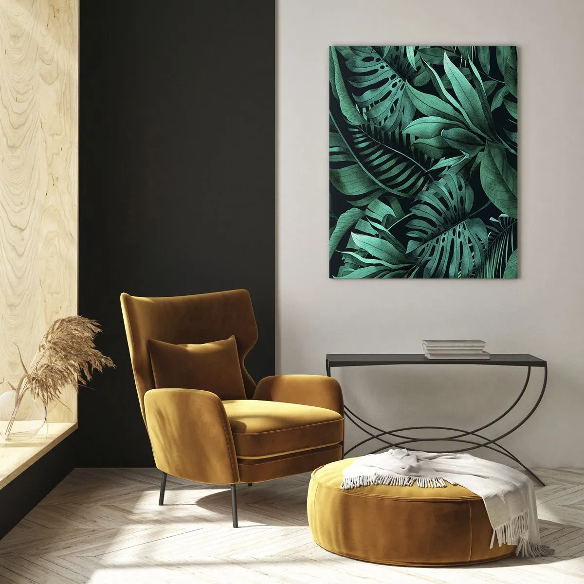 Quadro su vetro - Foglie tropicali in tonalità di verde intenso - 70x100cm - Dal profondo del verde tropicale - Decorazione murale moderna per soggiorno e camera da letto ARTTOR
