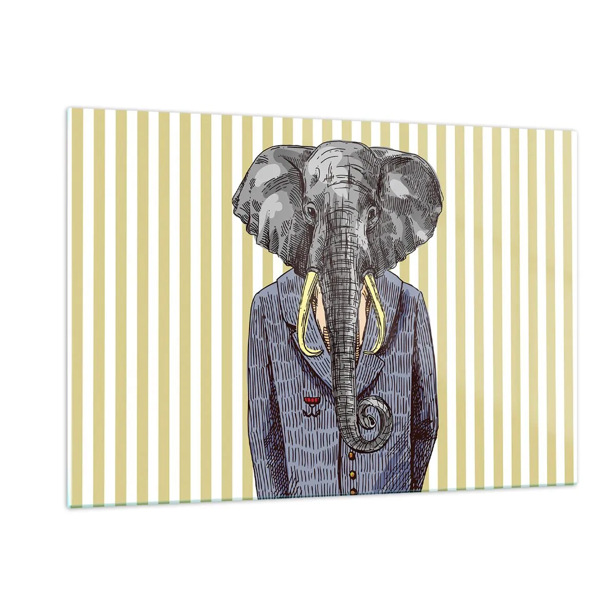 Quadro su vetro - Un elefante in abito su uno sfondo di strisce gialle - 120x80cm - Elegante di natura - Decorazione murale moderna per soggiorno e camera da letto ARTTOR