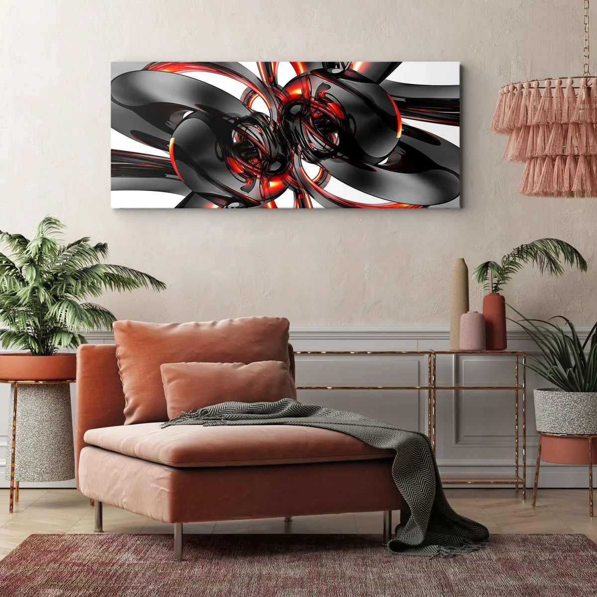 Quadro su tela - Stampe su Tela - Grafica 3D astratta con elementi neri e rossi - 120x50cm - Movimento in grafite e rosso - Decorazione murale moderna per soggiorno e camera da letto ARTTOR