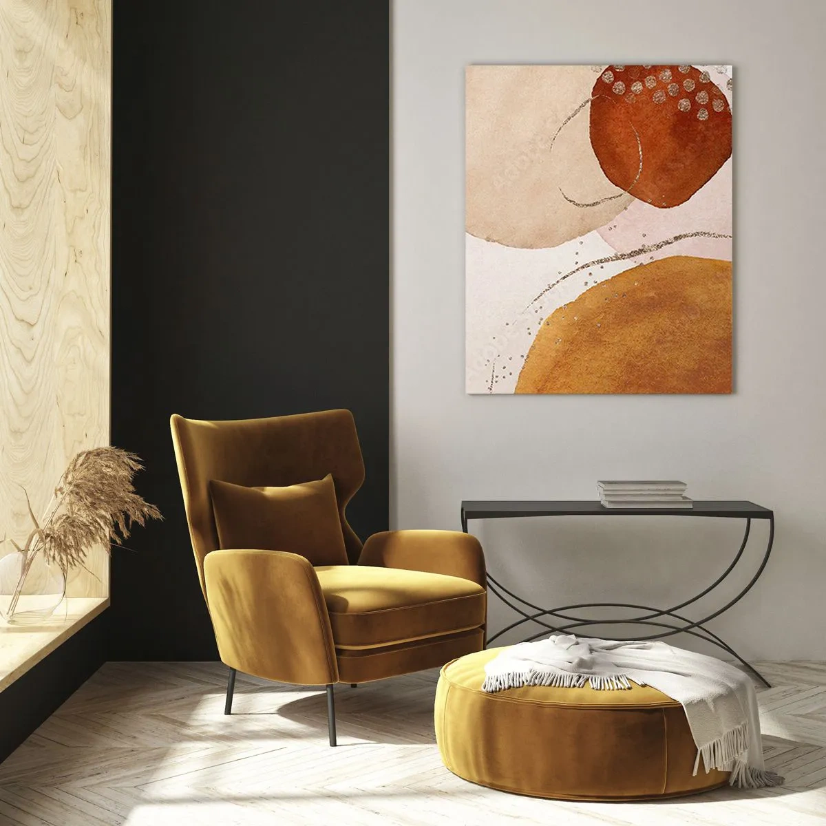 Quadro su vetro - Cerchi astratti nei toni del beige, rame e oro - 50x70cm - Rotondità e movimento - Decorazione murale moderna per soggiorno e camera da letto ARTTOR