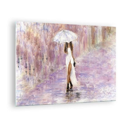 Quadro su vetro - Figura di una donna con un ombrello in una scena di pioggia lilla - 70x50cm - Nella pioggia lilla - Decorazione murale moderna per soggiorno e camera da letto ARTTOR