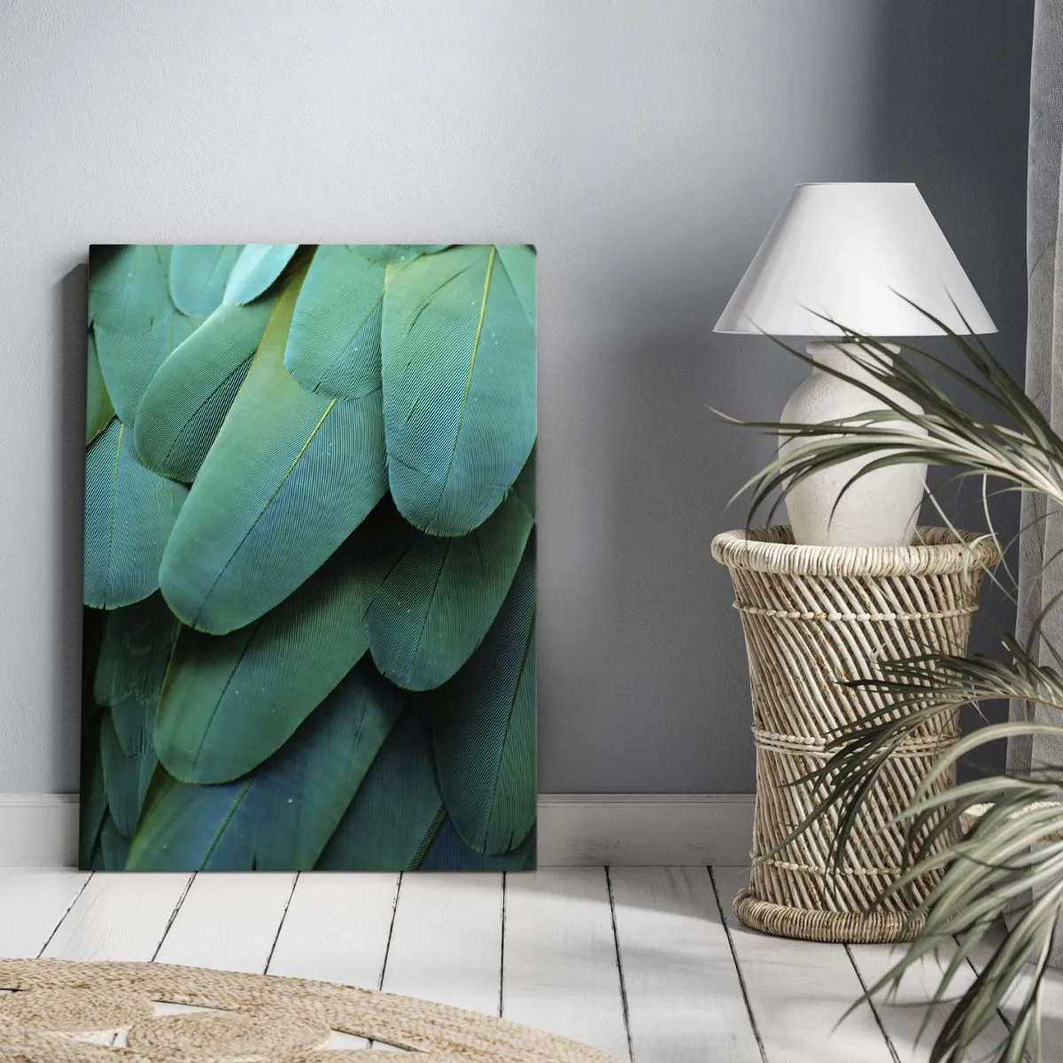 Quadro su tela - Stampe su Tela - Dettaglio di piume nei toni del verde - 50x70cm - Precisione da pappagallo - Decorazione murale moderna per soggiorno e camera da letto ARTTOR