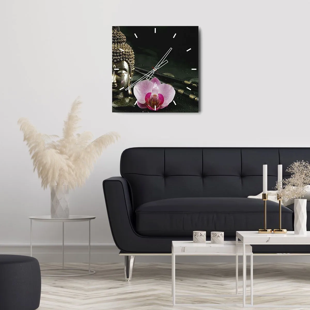 Orologio da parete - Orologio in Vetro - Una statuetta di Buddha con un'orchidea e delle bacchette su uno sfondo di pietre - 30x30cm - Armonia di saggezza e bellezza - Decorazione murale moderna per soggiorno e camera da letto ARTTOR