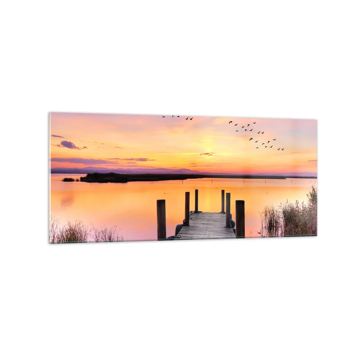 Quadro su vetro - Un molo su un lago al tramonto con uccelli nel cielo - 120x50cm - Alba viola e silenziosa - Decorazione murale moderna per soggiorno e camera da letto ARTTOR