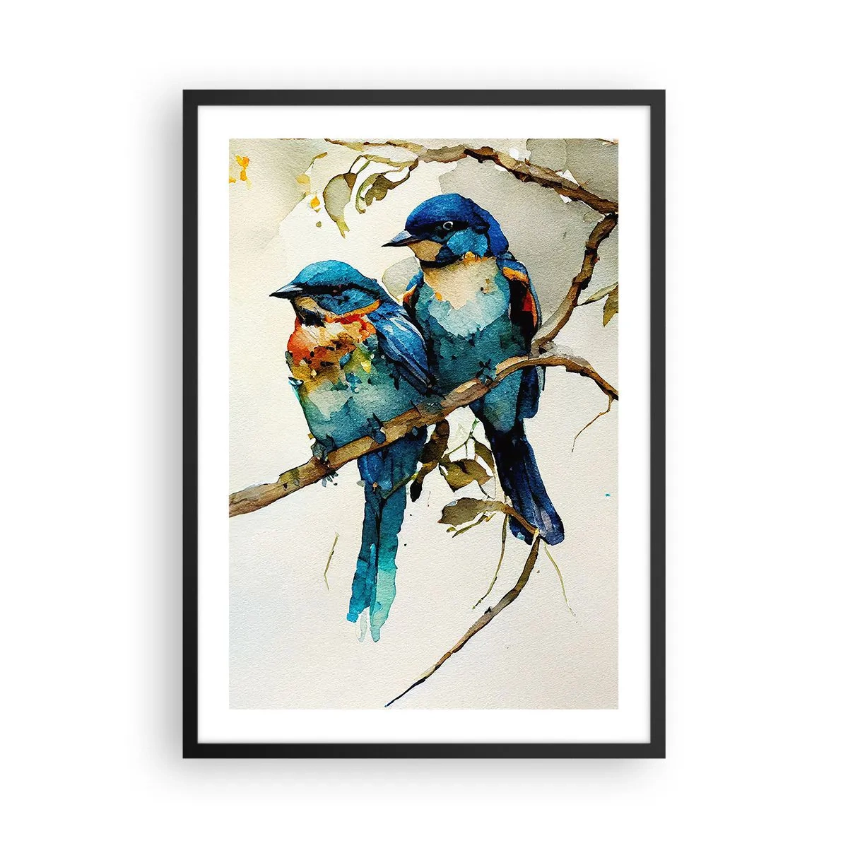 Poster in cornice nera - Uccelli acquerellati su un ramo nei toni del blu e del marrone - 50x70cm - Si è offeso? - Decorazione murale moderna per soggiorno e camera da letto ARTTOR