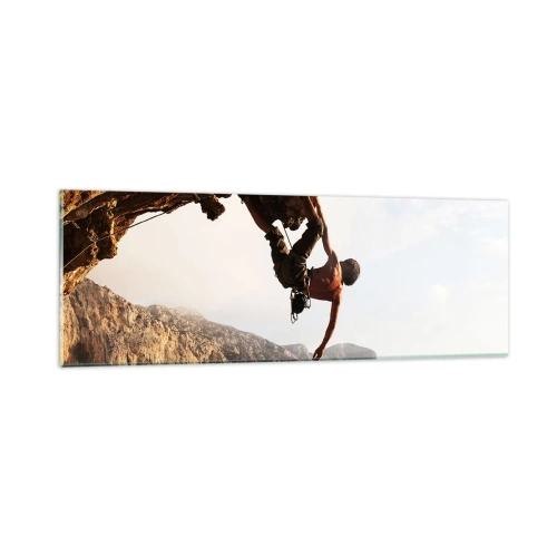 Quadro su vetro - Il mondo ristretto in una mano sul bordo del masso - 90x30 cm