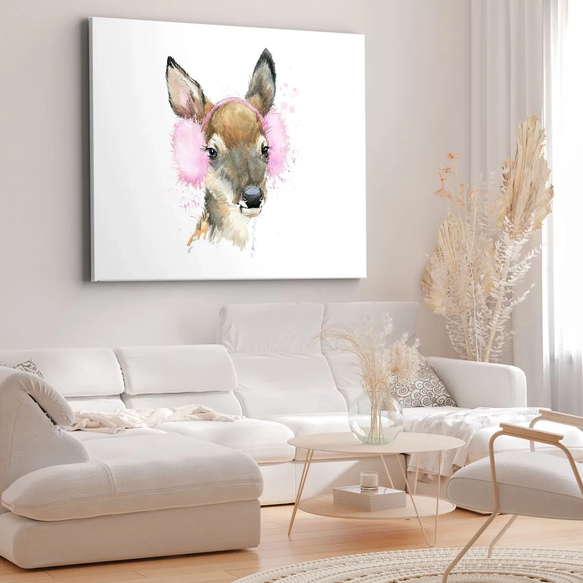 Quadro su tela - Stampe su Tela - Cervo acquerello con paraorecchie rosa - 100x70cm - E il gelo non mette più paura - Decorazione murale moderna per soggiorno e camera da letto ARTTOR