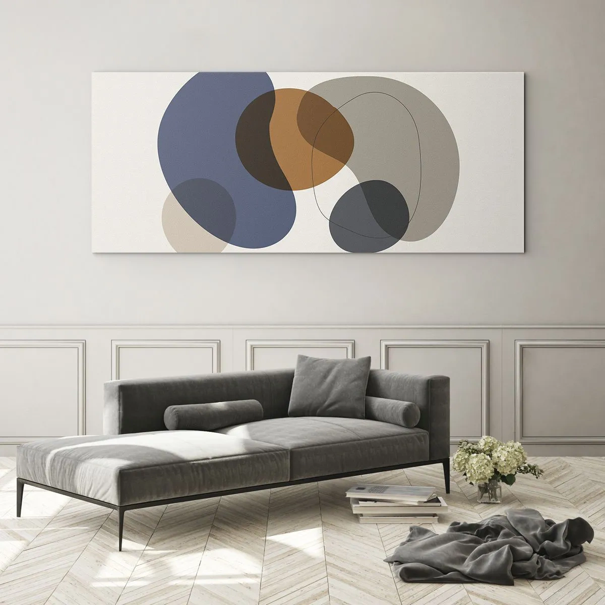Quadro su vetro - Forme astratte colorate nelle tonalità del blu e del marrone - 140x50cm - Gocce di colore - Decorazione murale moderna per soggiorno e camera da letto ARTTOR