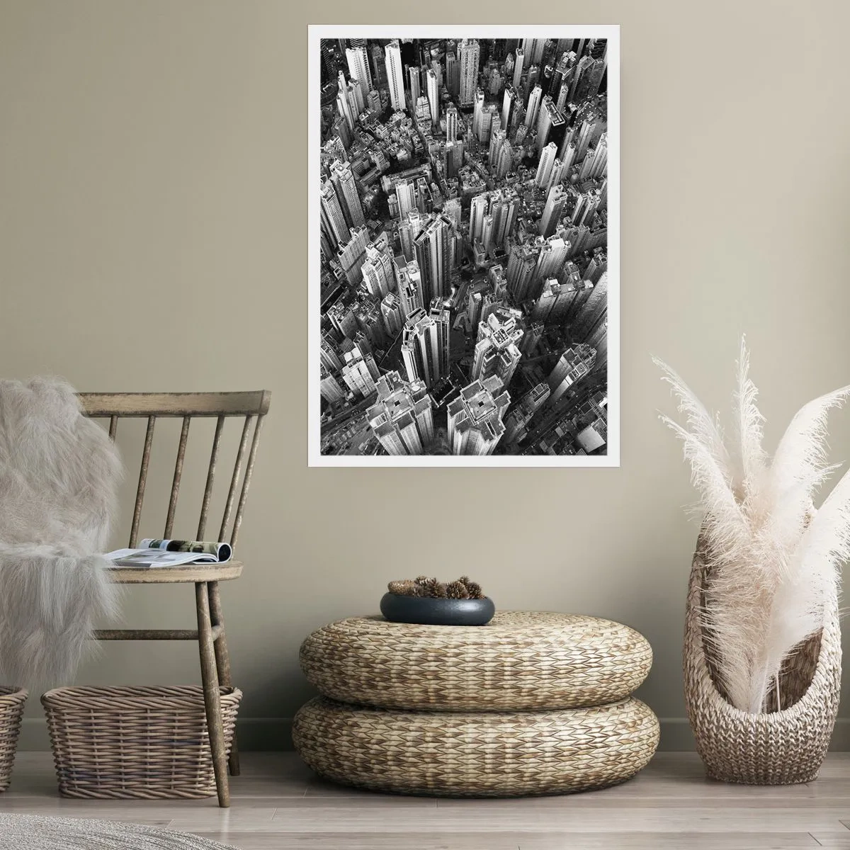 Poster - Vista aerea dei grattacieli della città in bianco e nero - 50x70cm - Ancora più in alto - Decorazione murale moderna per soggiorno e camera da letto ARTTOR