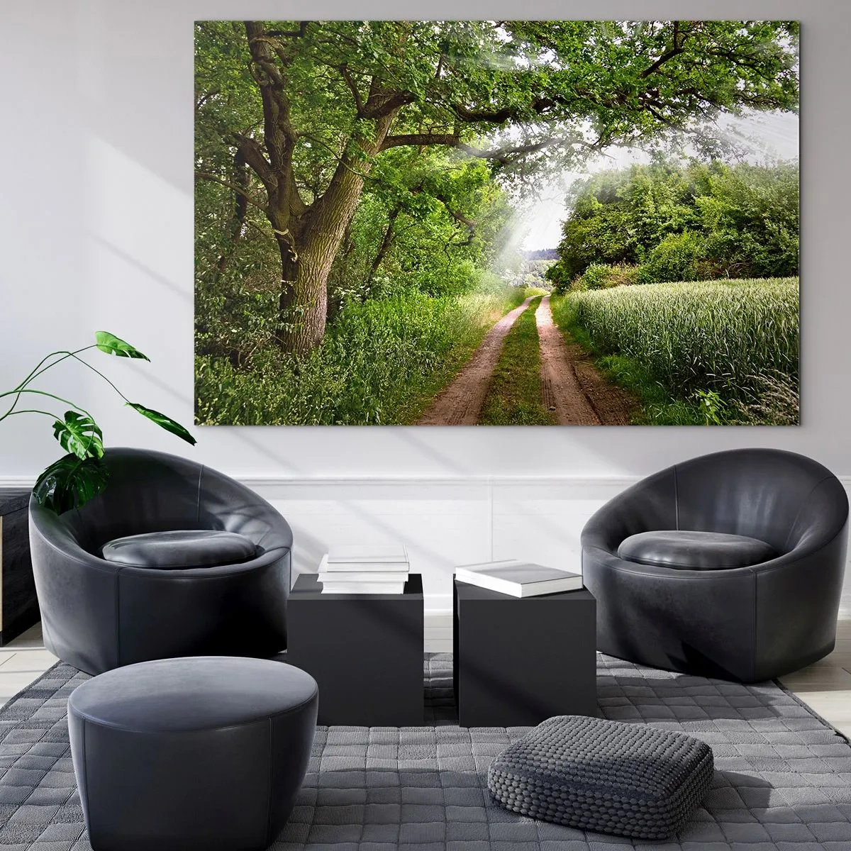 Quadro su vetro - Una strada forestale immersa nel verde sotto i raggi del sole - 70x50cm - Et in Arcadia ego - Decorazione murale moderna per soggiorno e camera da letto ARTTOR
