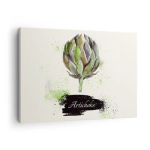 Quadro su tela - Stampe su Tela - Carciofo acquerello con testo su sfondo chiaro con accenti verdi - 70x50cm - Evviva la verdura! - Decorazione murale moderna per soggiorno e camera da letto ARTTOR