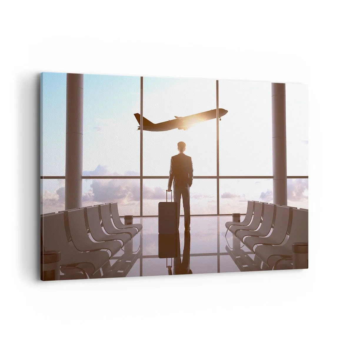 Quadro su tela - Stampe su Tela - Uomo d'affari all'aeroporto con un aereo sullo sfondo - 120x80cm - Hai tempo, rallenta - Decorazione murale moderna per soggiorno e camera da letto ARTTOR
