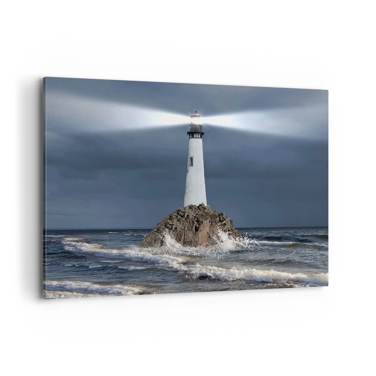 Quadro su tela - Stampe su Tela - Un faro su una roccia circondato da un mare in tempesta - 120x80cm - Qui...qui... qui! - Decorazione murale moderna per soggiorno e camera da letto ARTTOR