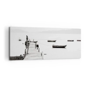 Quadro su tela - Stampe su Tela - Molo di legno e barche in acque calme - 120x50cm - Sull'acqua silenziosa e pura - Decorazione murale moderna per soggiorno e camera da letto ARTTOR