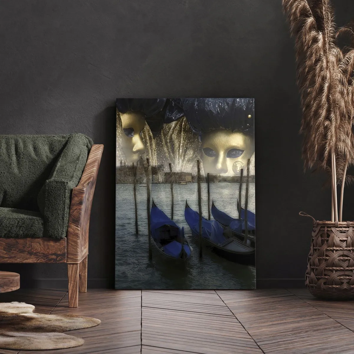 Quadro su tela - Stampe su Tela - Maschere di carnevale veneziane e gondole sullo sfondo della città e dell'acqua - 80x120cm - È ora di iniziare il carnevale - Decorazione murale moderna per soggiorno e camera da letto ARTTOR