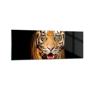 Quadro su vetro - Una tigre con la bocca aperta su uno sfondo nero - 140x50cm - Cuore selvatico - Decorazione murale moderna per soggiorno e camera da letto ARTTOR