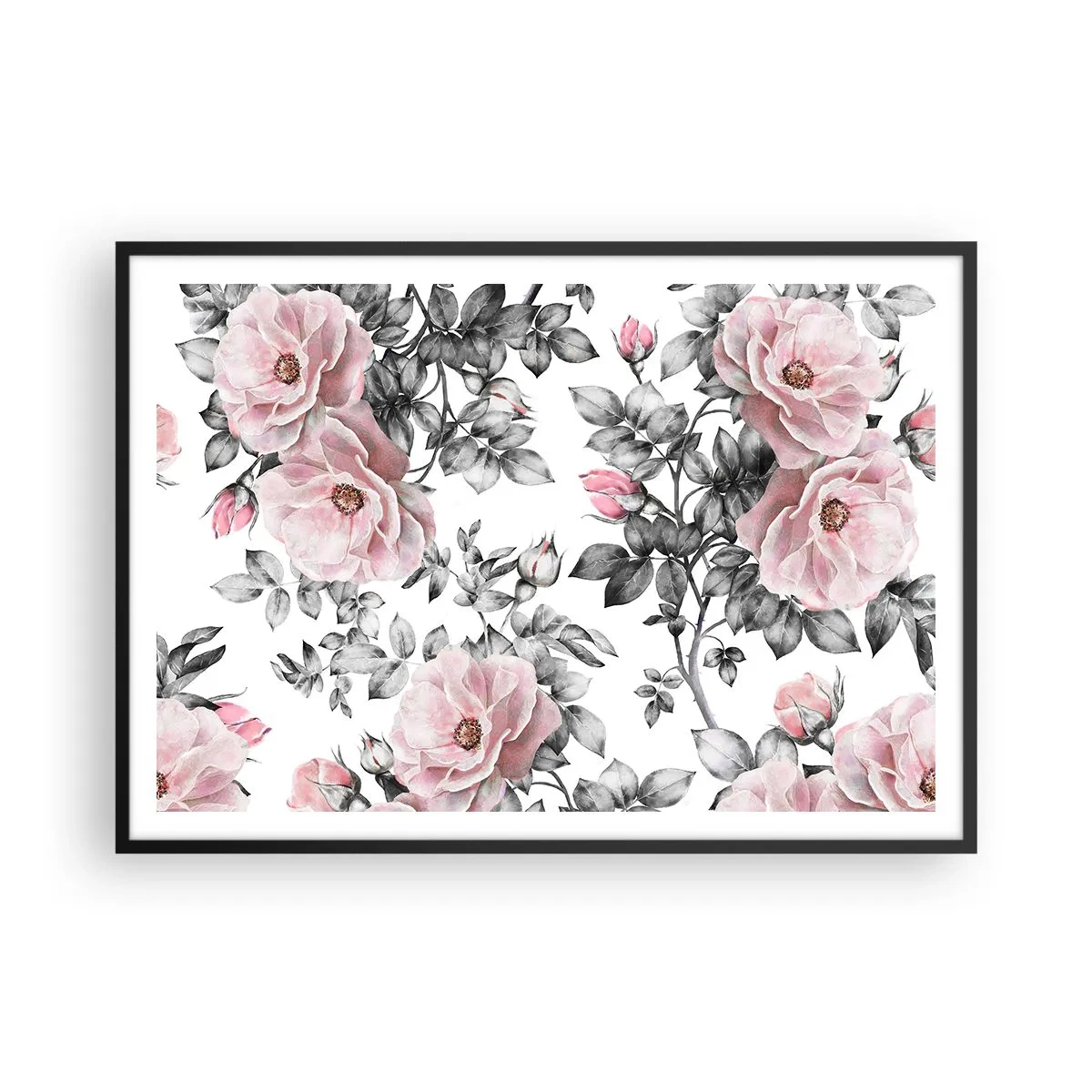 Poster in cornice nera - Rose rosa e foglie su un delicato sfondo bianco e nero - 100x70cm - Perdersi tra le rose - Decorazione murale moderna per soggiorno e camera da letto ARTTOR