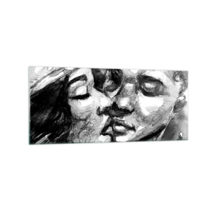 Quadro su vetro - Un acquerello in bianco e nero che raffigura un momento intimo tra due persone. - 120x50cm - Un attimo di tenerezza - Decorazione murale moderna per soggiorno e camera da letto ARTTOR
