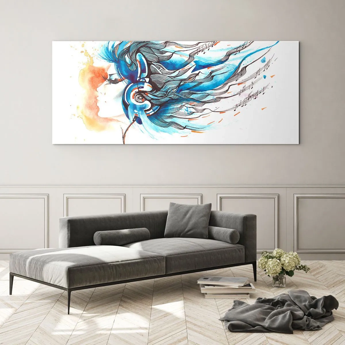 Quadro su vetro - Grafica artistica di una donna che indossa cuffie con accenti musicali - 140x50cm - Che suoni la musica - Decorazione murale moderna per soggiorno e camera da letto ARTTOR