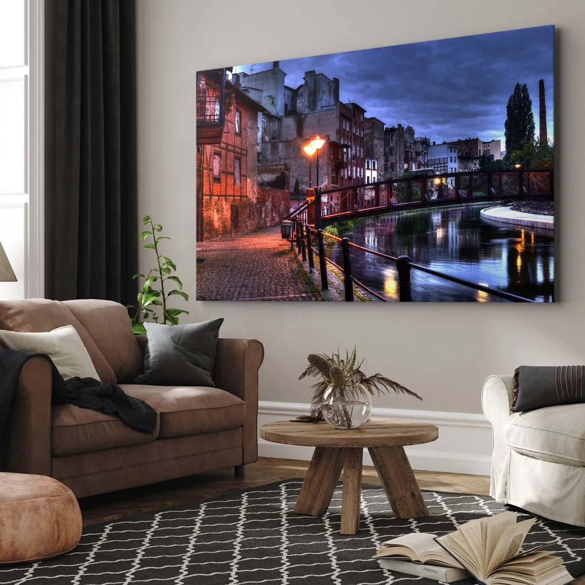 Quadro su tela - Stampe su Tela - Vista serale delle case popolari e del ponte sul canale - 70x50cm - Questa Bydgoszcz non la conosci - Decorazione murale moderna per soggiorno e camera da letto ARTTOR