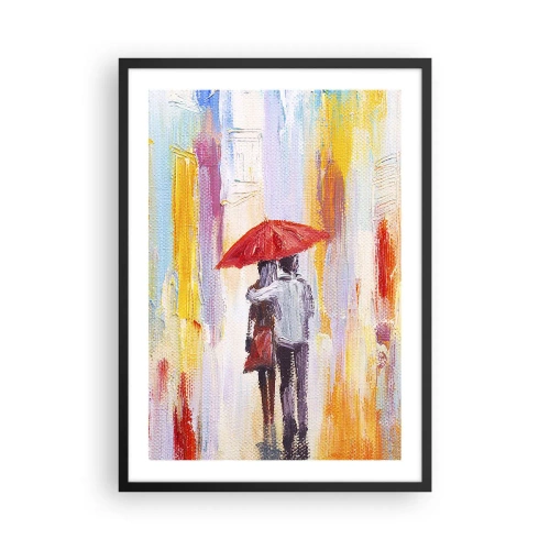 Poster in cornice nera - Una scena romantica con una coppia sotto un ombrello rosso sullo sfondo di una città. - 50x70cm - Che piova ancora - Decorazione murale moderna per soggiorno e camera da letto ARTTOR