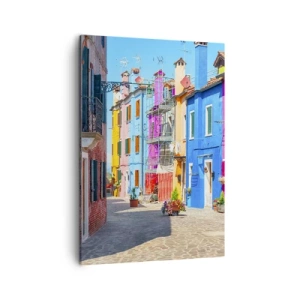 Quadro su tela - Stampe su Tela - Edifici colorati in una stretta strada cittadina - 50x70cm - La cittadina dei pappagalli - Decorazione murale moderna per soggiorno e camera da letto ARTTOR