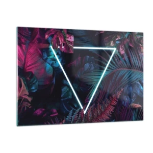 Quadro su vetro - Un triangolo al neon circondato da piante tropicali nelle tonalità del rosa e del blu. - 120x80cm - Giardino in stile discoteca - Decorazione murale moderna per soggiorno e camera da letto ARTTOR