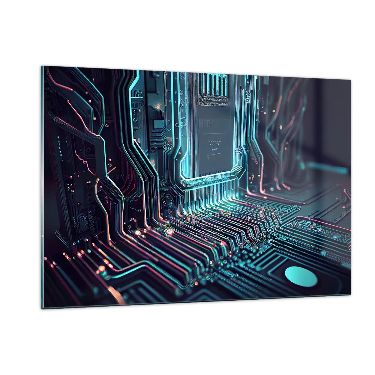 Quadro su vetro - Visualizzazione al neon delle tracce del processore su uno sfondo nero - 120x80cm - Sto pensando qualcosa... - Decorazione murale moderna per soggiorno e camera da letto ARTTOR