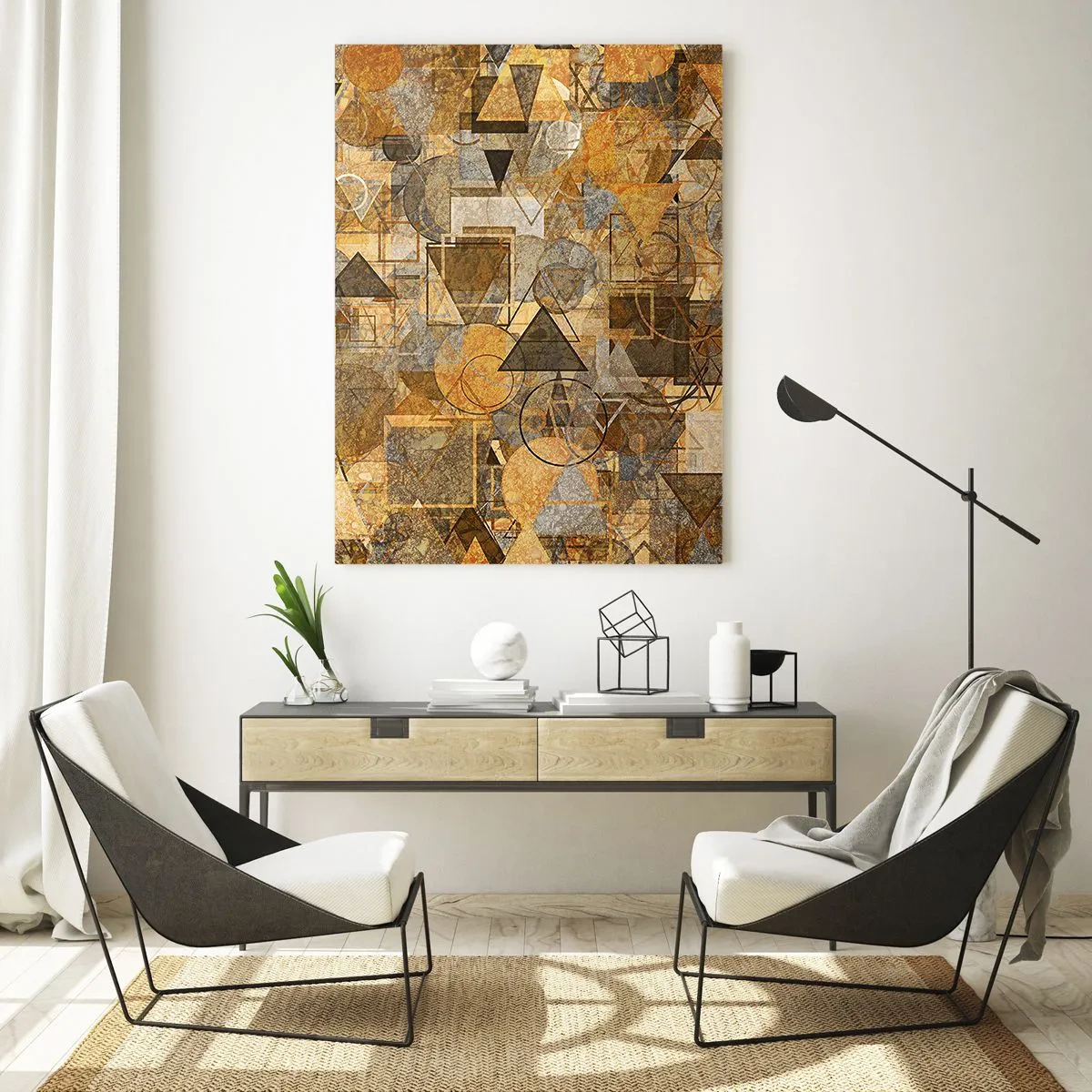 Quadro su vetro - Motivi geometrici astratti nelle tonalità dell'oro - 70x100cm - Il mondo compreso nella forma - Decorazione murale moderna per soggiorno e camera da letto ARTTOR