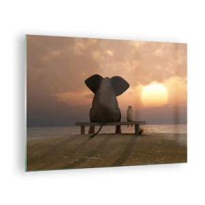 Quadro su vetro - Elefante e cane su una panchina al tramonto - 70x50cm - A volte bisogna tacere - Decorazione murale moderna per soggiorno e camera da letto ARTTOR