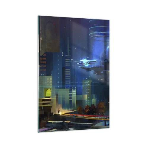 Quadro su vetro - Città futuristica di notte con luci al neon e un veicolo volante - 80x120cm - In un futuro non lontano - Decorazione murale moderna per soggiorno e camera da letto ARTTOR