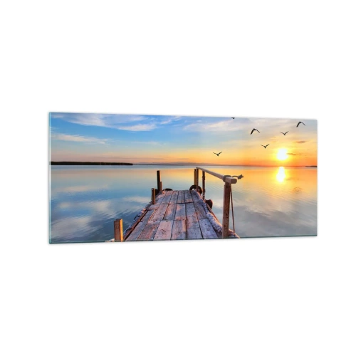 Quadro su vetro - Molo di legno al tramonto su un lago calmo - 120x50cm - Camminando verso il sole - Decorazione murale moderna per soggiorno e camera da letto ARTTOR