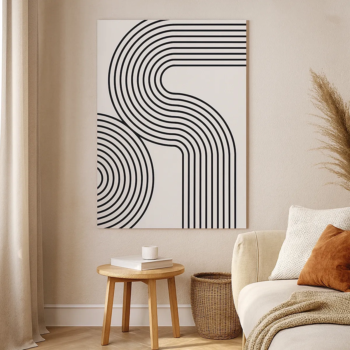 Quadro su tela - Stampe su Tela - Un dipinto astratto con linee nere che creano motivi geometrici su uno sfondo bianco. - 50x70cm - In curva - Decorazione murale moderna per soggiorno e camera da letto ARTTOR