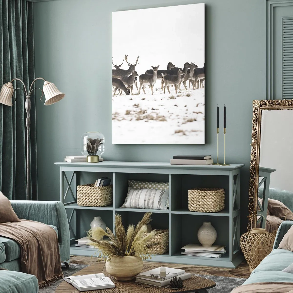 Quadro su tela - Stampe su Tela - Un branco di cervi su uno sfondo innevato - 50x70cm - Tra poco è Natale? - Decorazione murale moderna per soggiorno e camera da letto ARTTOR